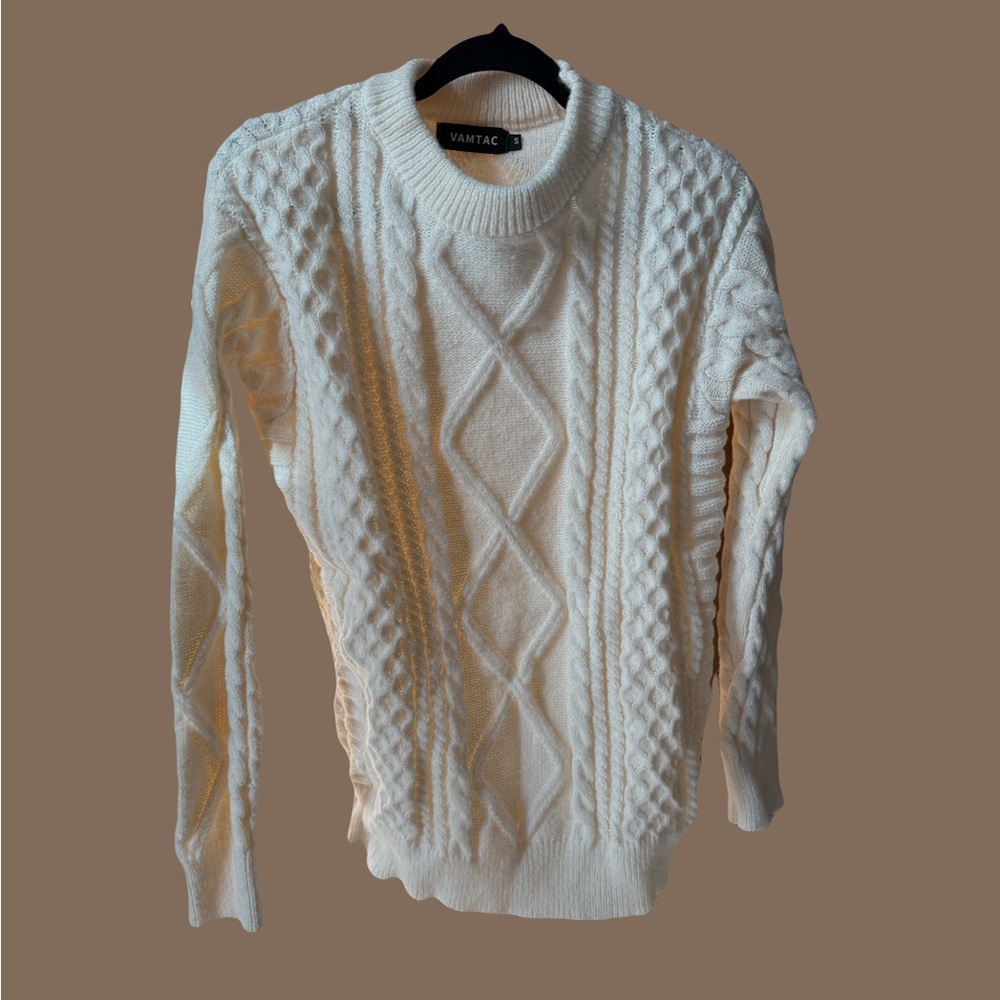 Vamtac Off White Crew Neck Aran Knit Sweater